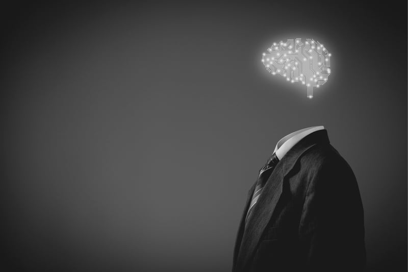 business suit with floating brain icon on blank background