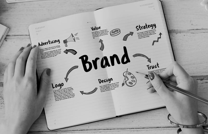 woman's hands with nail polish holding pen and brainstorming brand strategy in notebook at desk