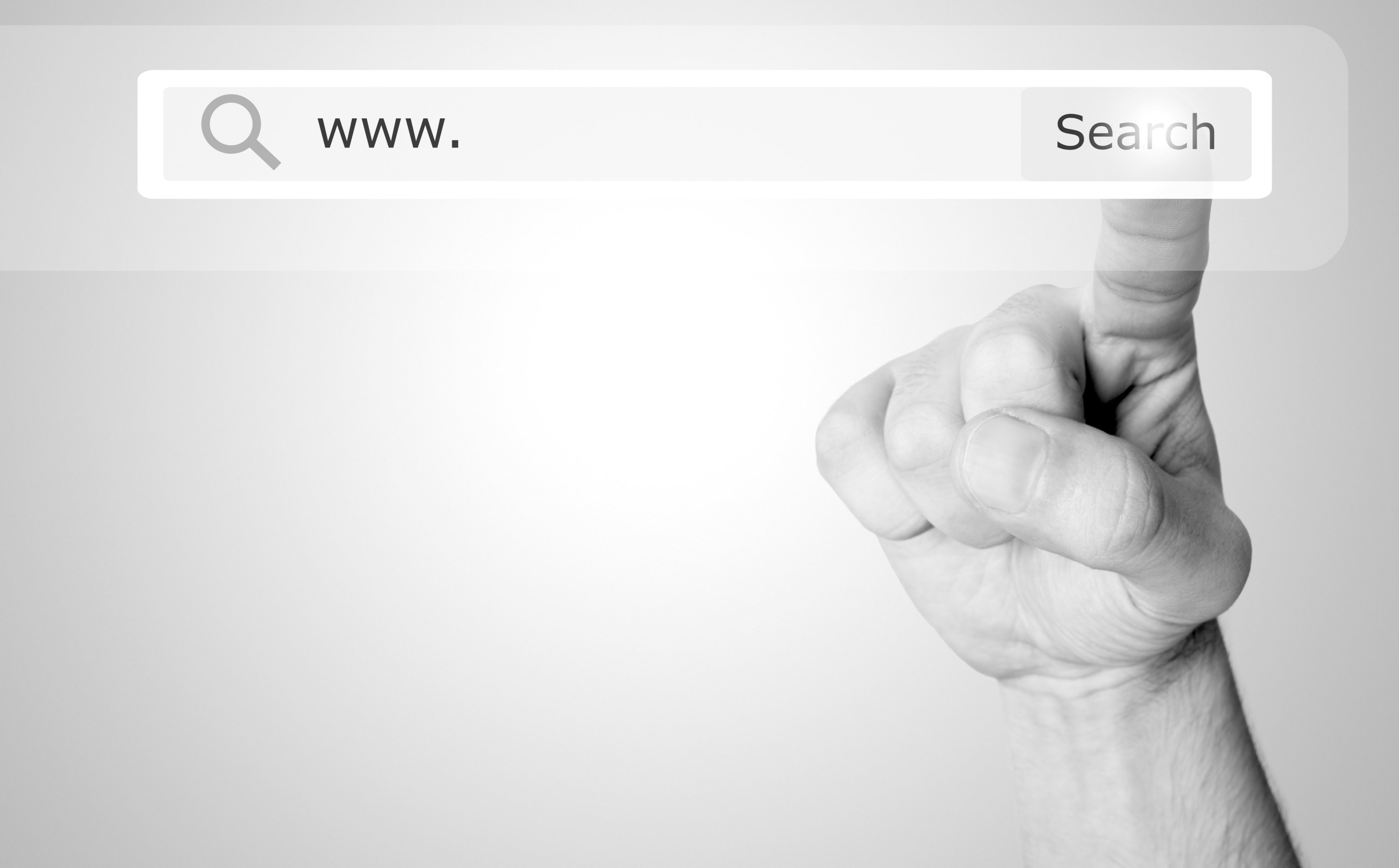 finger pointing at website URL over a blank background